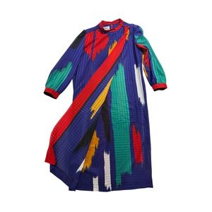 Vintage Umba for Parnes Feinstein Abstract Sheer Midi Dress Blue Red M/L